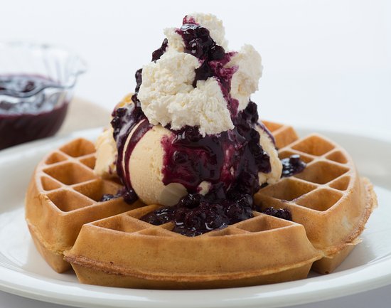 waffle with blueberries and ice cream