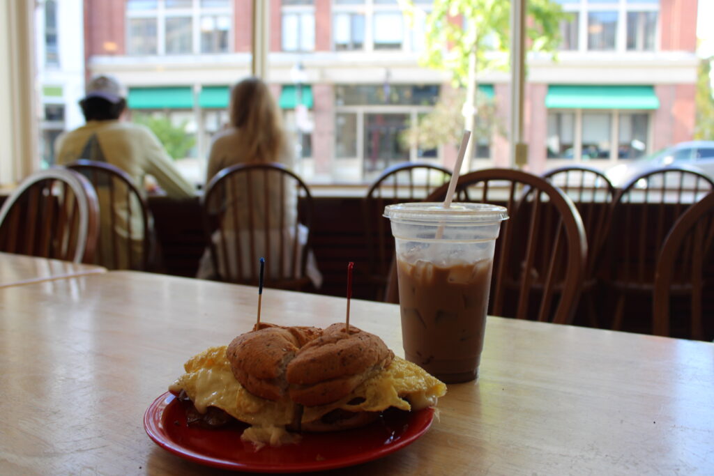 Bagel and iced coffee
